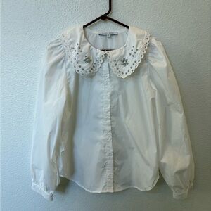 Sweet Rain White Blouse with Embroidered Collar